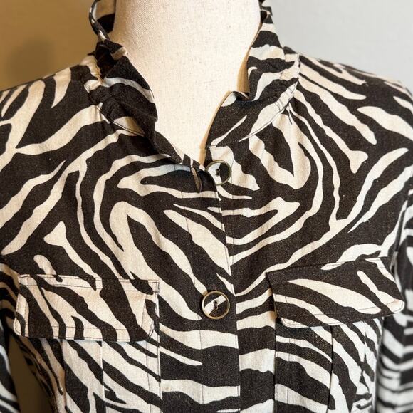 Chico's jacket brown & tan zebra linen 3/4 tab sleeve button front Sz 0 US S - Picture 2 of 13